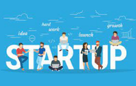 창업 관련 키워드와 함께 사람들이 다양한 활동을 하는 STARTUP 일러스트